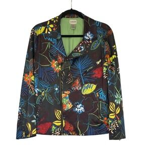 Chicos Floral Moto Jacket Womens Size 2 Large Tropical Asymmetric Zip Colorful